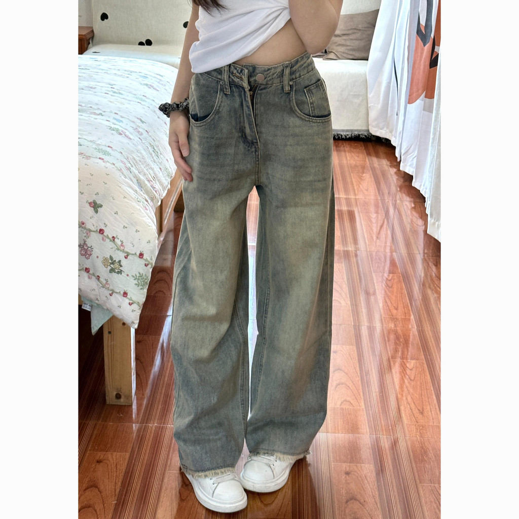 Retro สีเหลืองโคลนขากว้างกางเกงยีนส์ผู้หญิงฤดูร้อนใหม่สูงเอวหลวม Slimming Burr ตรงยาว pants