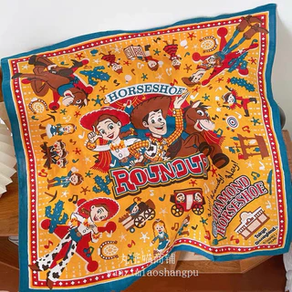 < Bai Patch > Toy Story Woody พิมพ์ผ้าฝ้ายแท้ผ้าพันคอสี่เหลี่ยมขนาดใหญ่ American Retro Headscarf Hip-Hop สวมผ้าพันคอผ้าปูโต๊ะ