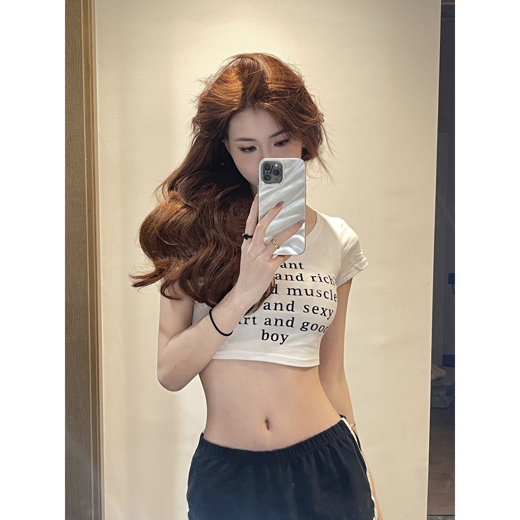 เสื้อยืดแขนสั้นผ้าฝ้ายแท้ยืดคอรูปตัวยูสำหรับสาวฮอตที่มีปุ่มท้องสำหรับผู้หญิงเสื้อฤดูร้อนออกแบบให้รู้