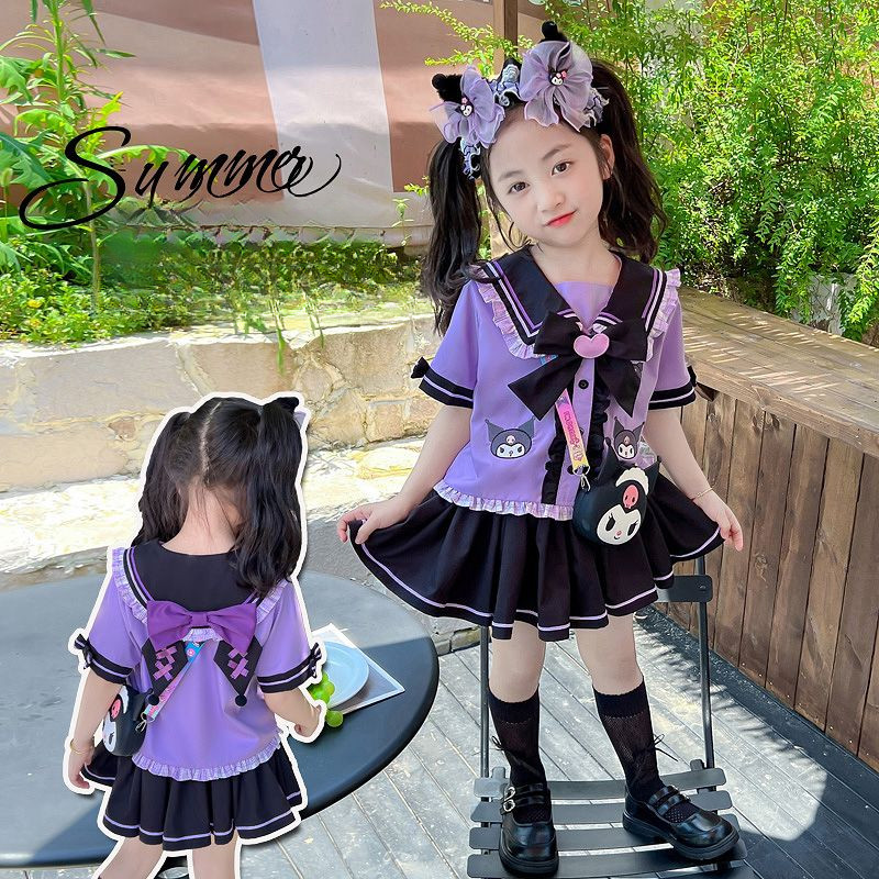 ชุดCosplay Kuromi สไตล์วิทยาลัย กระโปรงแขนสั้น ชุดสองชิ้นสำหรับฤดูร้อน