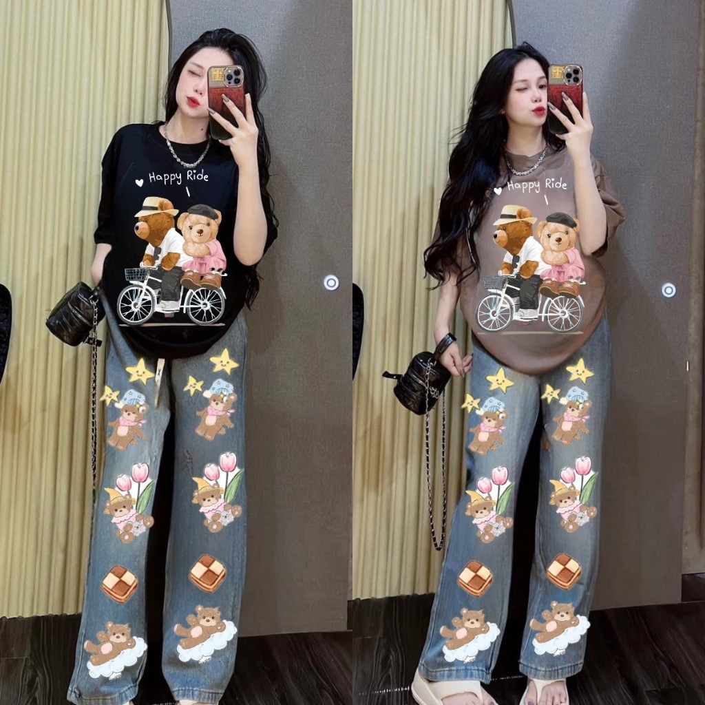 S225 ชุดเช็ต2ชิ้นเสื้อยืดลายการ์ตูนหมีกางเกงขายาวพิมพ์ลาย(ไม่ใช่ยีน)
