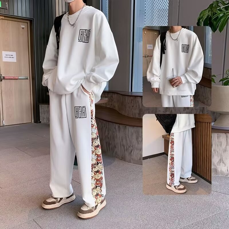 หลวมเสื้อกันหนาวสูทผู้ชายสบายๆฤดูใบไม้ร่วงสไตล์ใหม่แขนยาว+กางเกงตรงกีฬาชุดสองชิ้นขนาดใหญ่