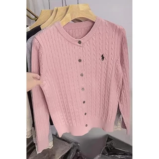 เสื้อคาร์ดิแกนถักลายปักลายม้าผู้หญิงฤดูใบไม้ร่วงและฤดูหนาวต้นฤดูใบไม้ผลิย้อนยุคคอกลมเสื้อสเวตเตอร์สีขาวสีแดง