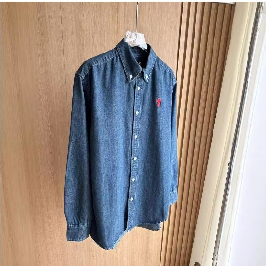 เสื้อยีนส์จุดปกปักหัวใจคลาสสิกสําหรับคู่รักเสื้อเชิ้ตแขนยาวทรงหลวมฤดูใบไม้ผลิและฤดูใบไม้ร่วง