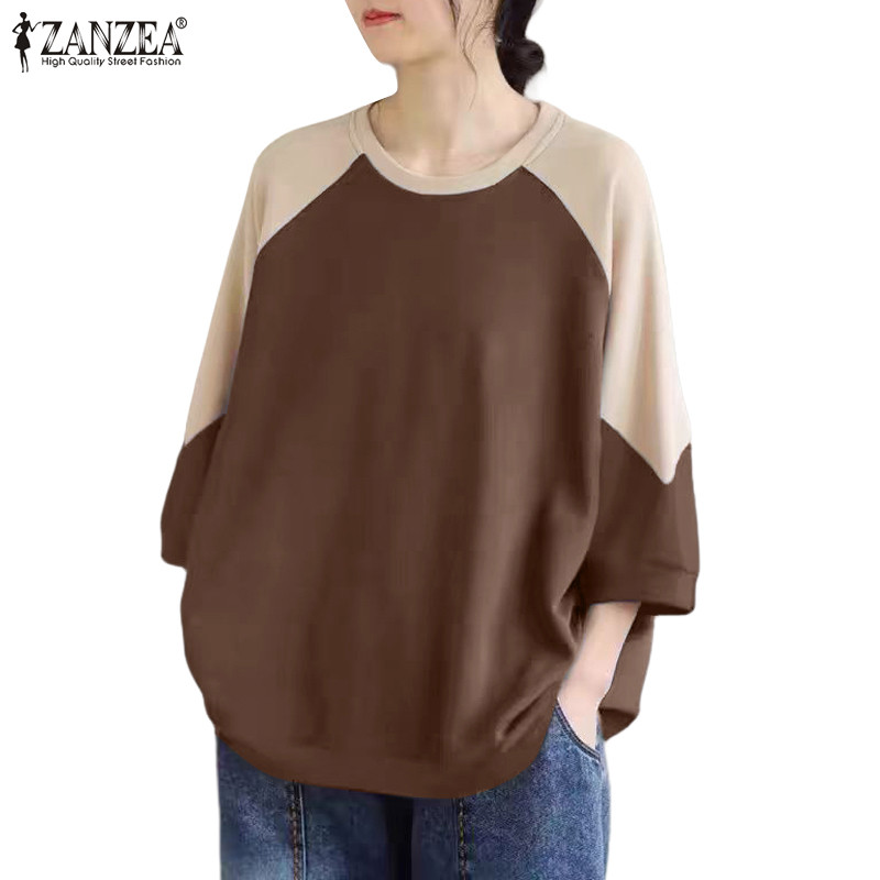 Zanzea เสื้อยืดแขนสั้นลําลองคอกลมหลวม Patchwork 3/4 สําหรับผู้หญิง