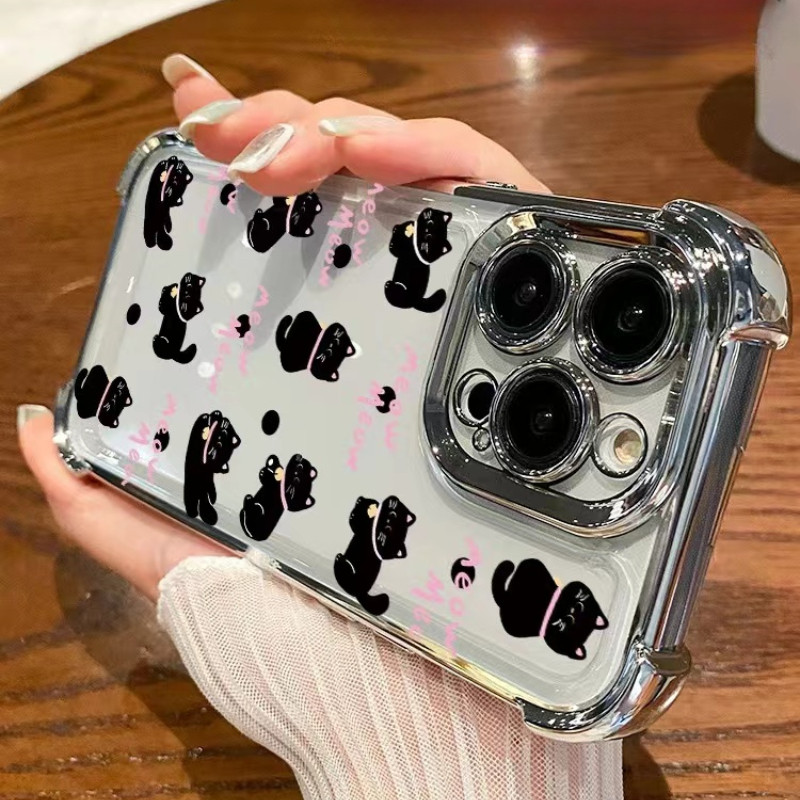 สําหรับrealme C60 C55 หมายเหตุ 50 9 Pro Plus C2 C2S Q5i V23 V23i Narzo N55 N53 50 5Gเคสโทรศัพท์กล้องเลนส์Camปกป้องน่ารักแมวดําโปร่งใสปลอกปกหลัง