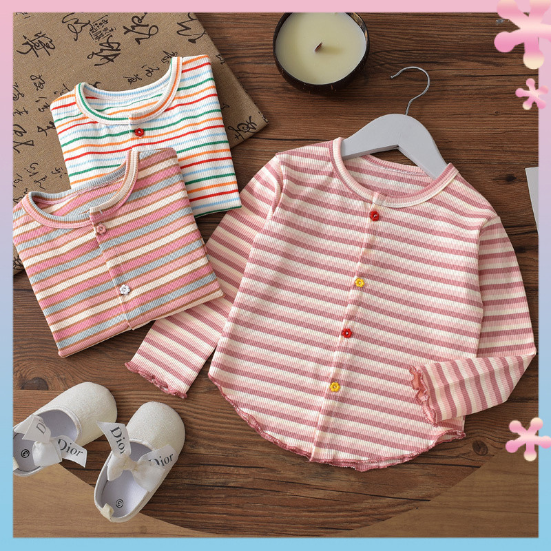 2024New Girls' Long-Sleeved Cardigan Outerwear Top Spring and Autumn Baby Girls' Striped Knitted All-Matching Fashion Children's Clothing