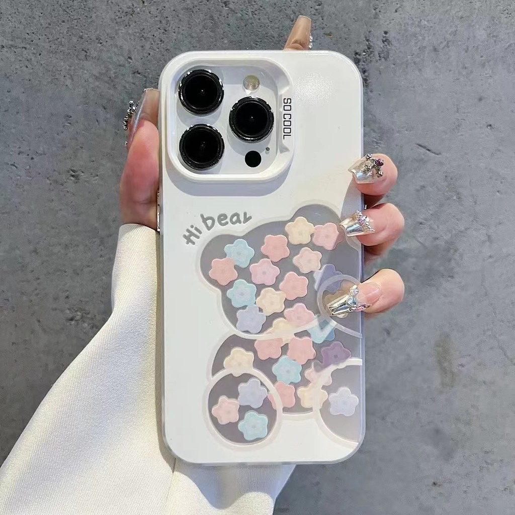 สีขาวการ์ตูนหมีน่ารักสําหรับ Samsung s22 s22plus ultra Case Girly S23 S23Plus s23fe s24 s24plus s24ultra ปกหลัง