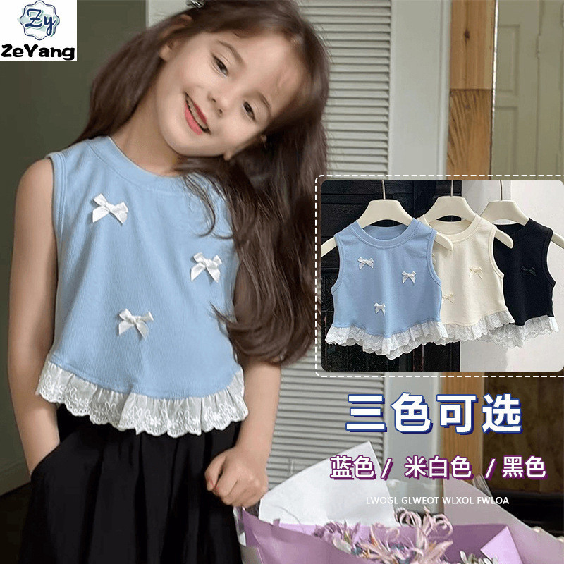 [ซี่] 70-140พร้อมสต็อกเด็กผีเสื้อเทศกาลเสื้อกั๊กขนาดเล็กผ้าไหมน้ําแข็งลําลองแขนกุดด้านบนหญิงทารกเย็บลูกไม้ด้านบนแฟชั่นทุกการแข่งขันด้านบ