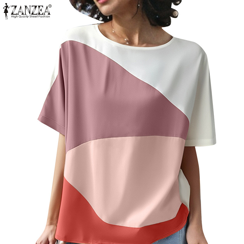 ZANZEA ซานเซีย ผู้หญิงวินเทจลําลองคอลูกเรือแขนสั้นสีคมชัดเสื้อหลวม