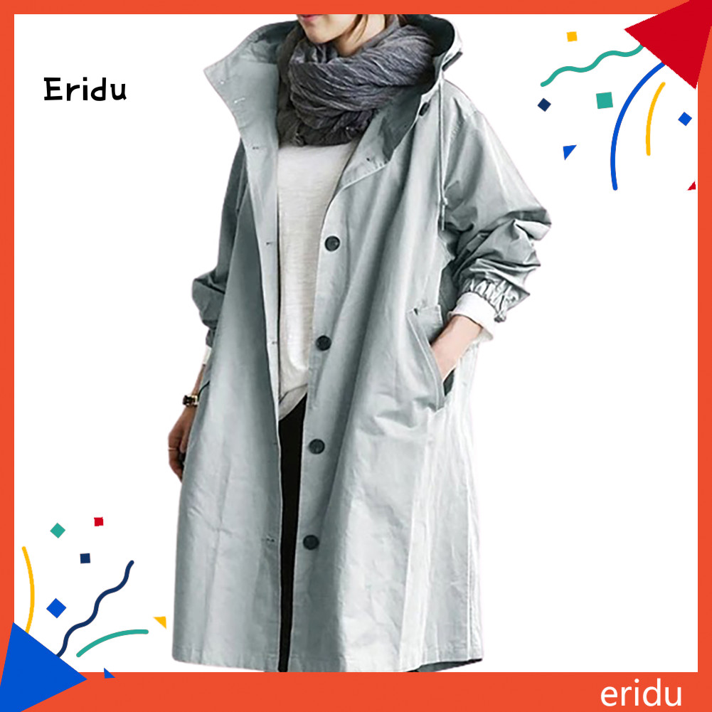 [ER] ผู้หญิงฤดูใบไม้ร่วงสีทึบกระเป๋าhooded WindbreakerยาวTrench Coat Outerwear