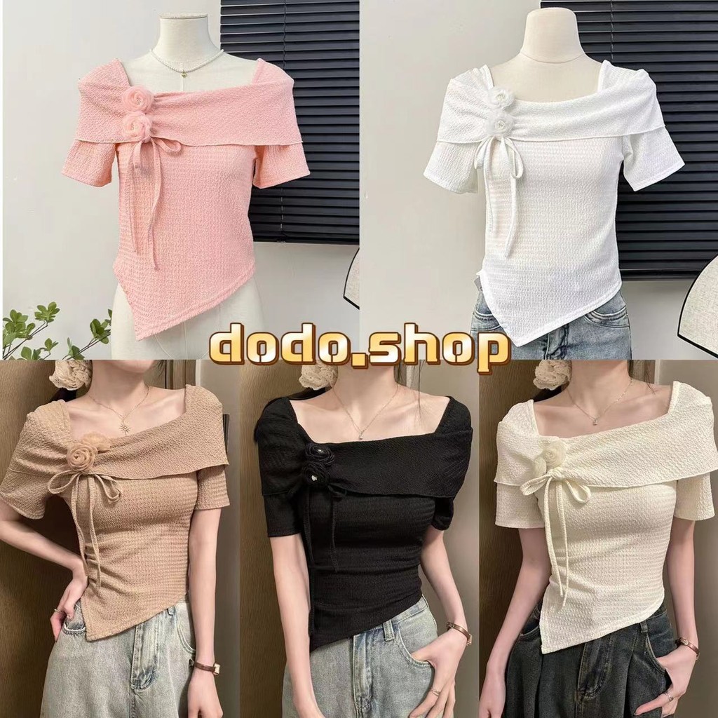 DODO⭐สินค้าพร้อมส่ง⭐เสื้อเปิดคอไหมพรมแขนสั้น แถมเข็มกลัดดอกไม้ให้น่ารักมาก (8k118)