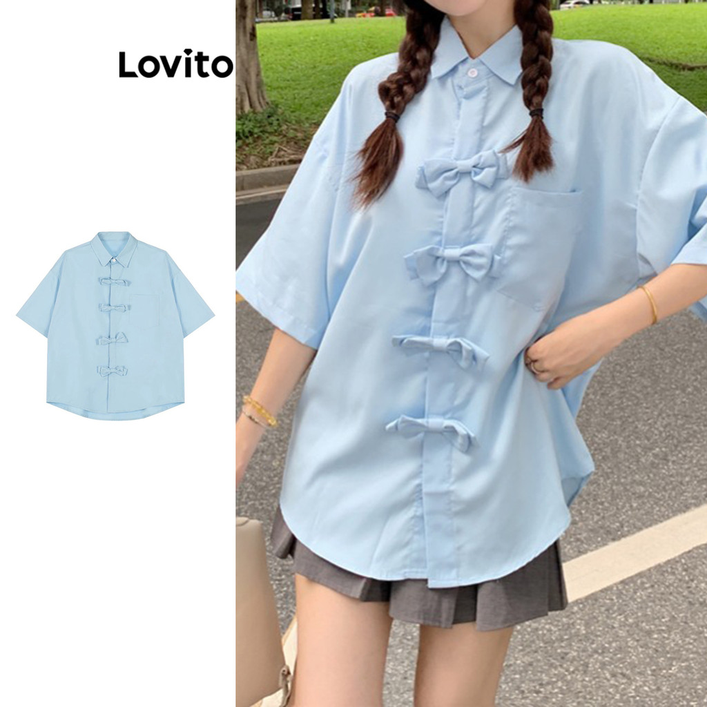 Lovito เสื้อเบลาส์โบว์ธรรมดาสำหรับผู้หญิง LNA75610