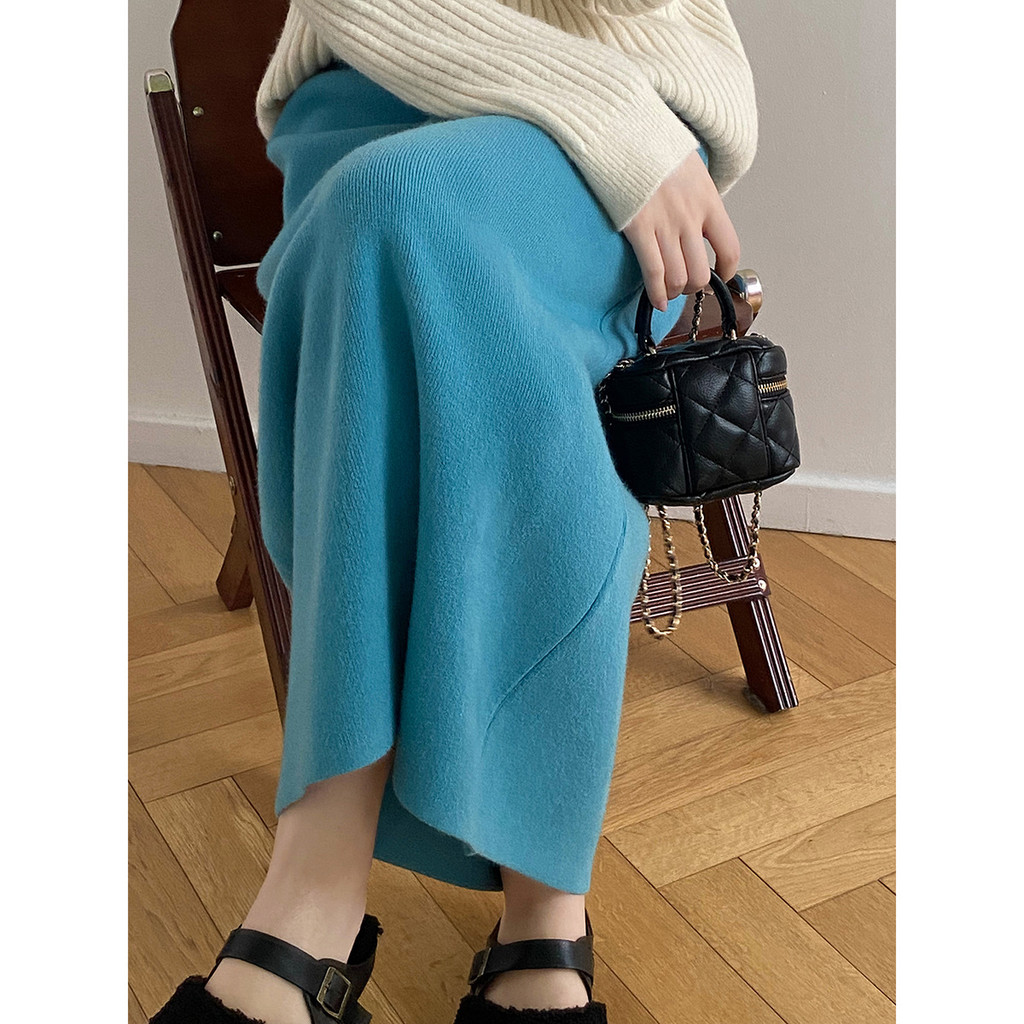 ซูซี ย้อนยุคสีทึบเรียบง่ายหวานฤดูใบไม้ร่วงสไตล์ใหม่สบายๆหรูหราเอวสูงผู้หญิงกลางยาวถักกระโปรงทรงเอ 240909 - รูปที่ 5