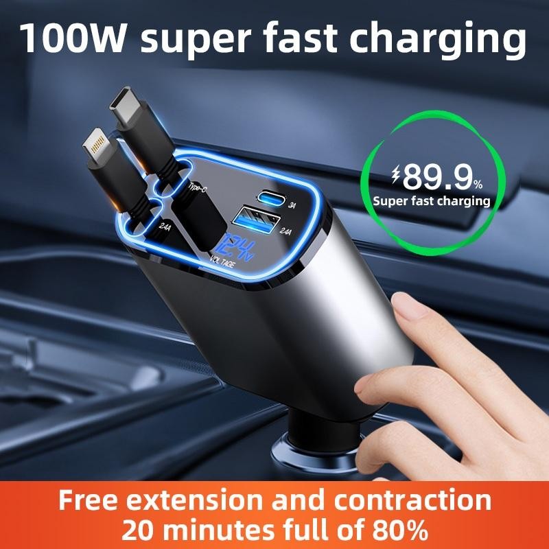 100w 4 in 1 Retractable Car Charger โทรศัพท์มือถือ Super Fast charge สาย USB สําหรับ IOS Android เหม
