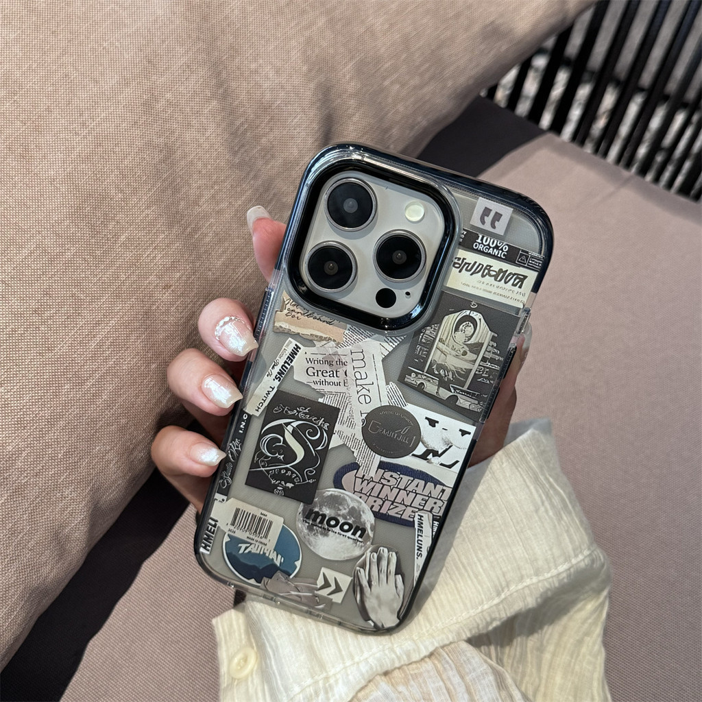 Iphone 15 Series TPU Soft Coverเคสโทรศัพท์INS Super Fireกล้องป้องกันสีเทายี่ห้อMoon LabelสําหรับiPhone 14 13 12 11 15 15plus 15promax 14plus Pro Max 7 8plus X XR Se