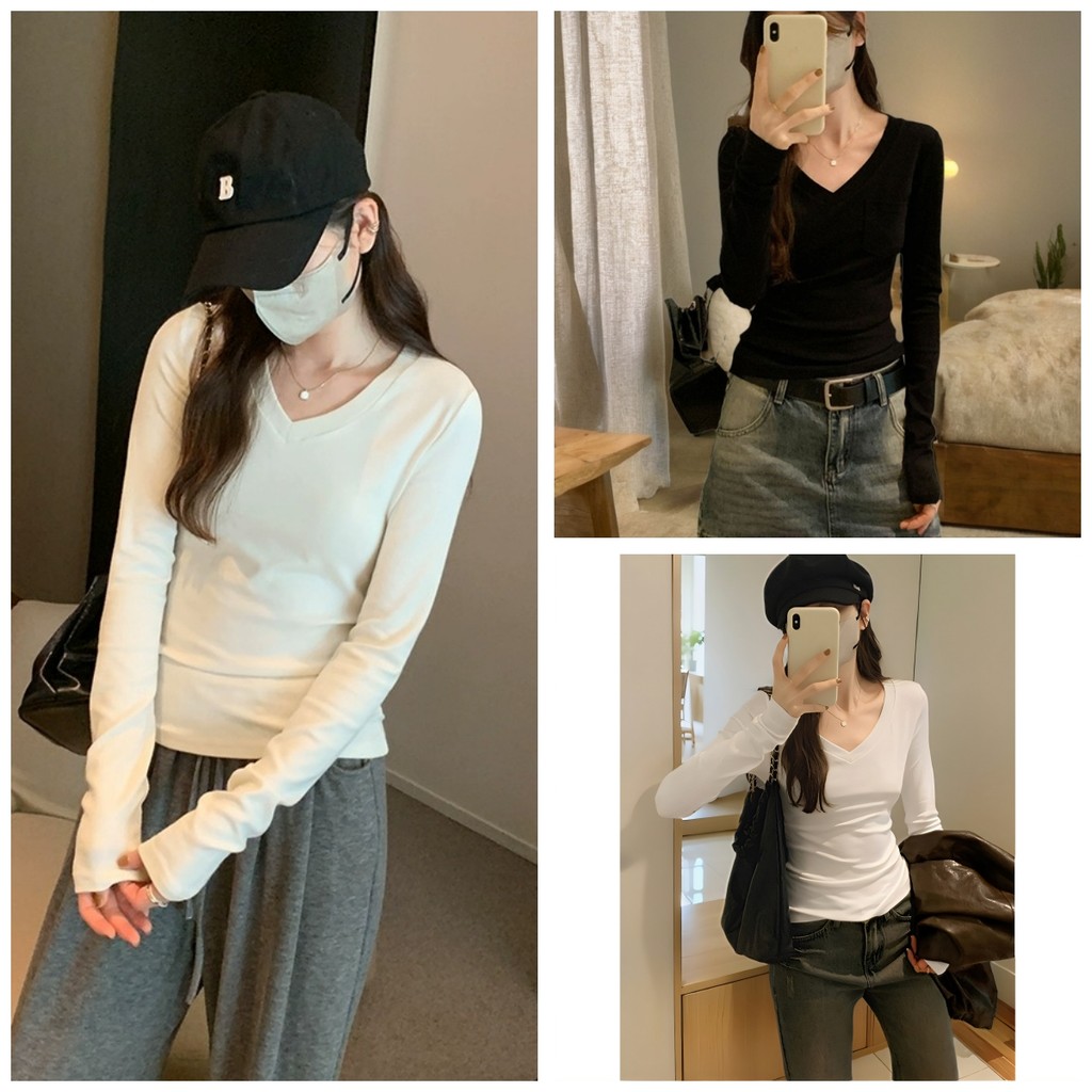Luna Shop เสื้ออเนกประสงค์เบสิคลำลองในทุกวัน เสื้อยืดแขนยาวคอวีทรงสลิม เหมาะสำหรับใส่ทำงาน