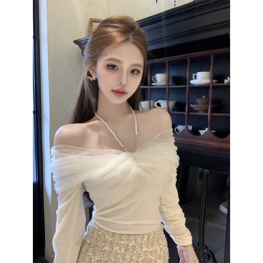 ฤดูใบไม้ร่วงฤดูหนาวแฟชั่นผีเสื้อตาข่ายเย็บโซ่ไหล่เดียวปิดไหล่เชือกแขวนคอด้านบนสั้น