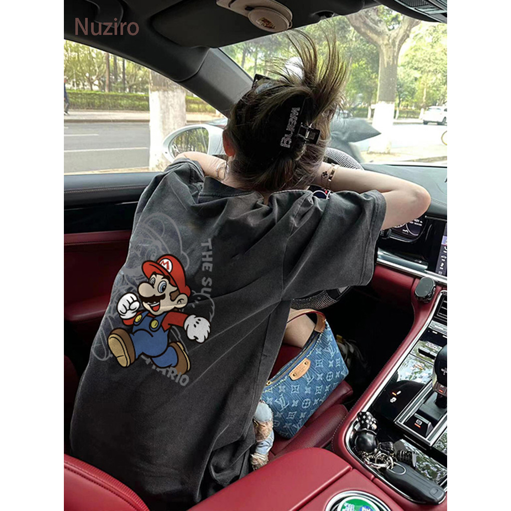 Nuziro เสื้อยืด oversize - เสื้อยืดแขนสั้นพิมพ์ลายการ์ตูนมาริโอน่ารักและน่าสนใจสําหรับผู้หญิง #1696