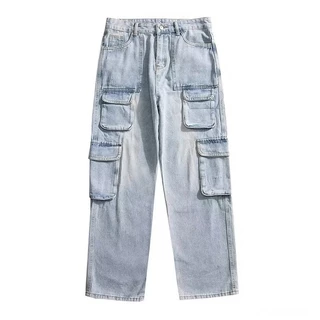 Breeze Jeans กางเกงยีนส์คาร์โก้ผู้ชาย denim สีฟ้า ประดับหลายกระเป๋า high street ทรงตรงล้างน้ำ บุคลิกภาพ baggy jeans