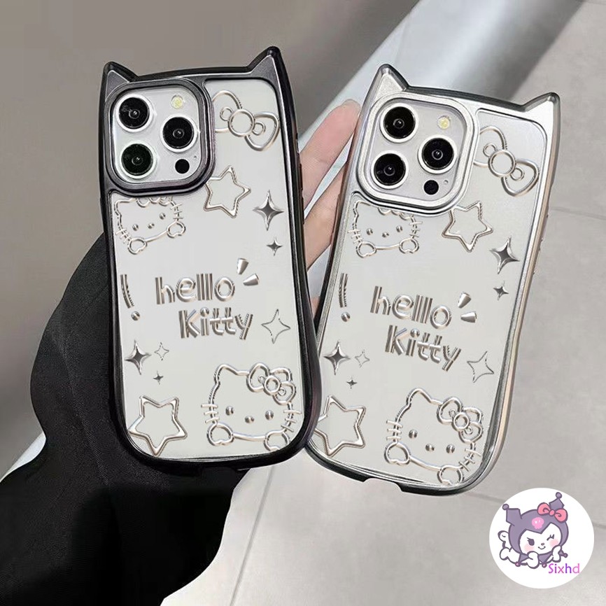 Ins คู่รักน่ารักปลอกเข้ากันได้สําหรับ IPhone 11 13 12 14 15 16 Pro Max X Xr Xs ป้องกัน IMD นุ่ม [หูแมว] Silver HelloKitty ฝาครอบ Matte Shock Proof Cover