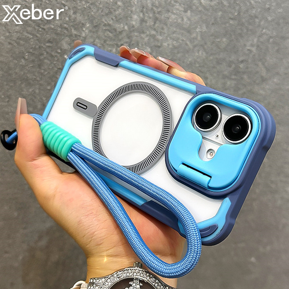 เกราะหรูหราพับเลนส์ขาตั้งแม่เหล็กสําหรับกรณีสําหรับ iPhone 16 15 14 13 11 12 Pro Max สายรัดข้อมือสายไฟฝาครอบ