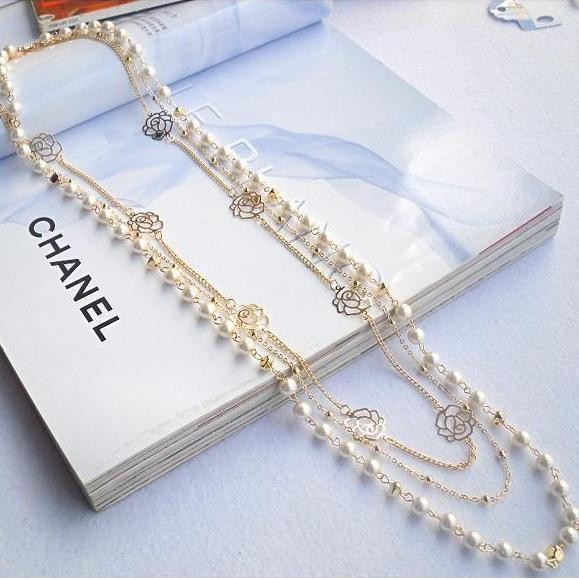 Jushi เสื้อกันหนาว Charms ดอกไม้หลายชั้นสร้อยคอไข่มุก Rose อุปกรณ์เสริมของผู้หญิง
