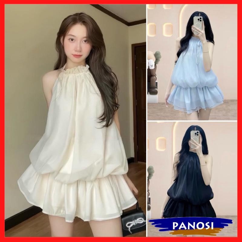 [PANT INCLUDED] เดรสสายเดี่ยวผู้หญิงสุดหรู กระโปรงจับจีบผู้หญิงทําจากผ้าชีฟองผ้าไหมเนื้อนุ่มแท้ V322 PANOSI