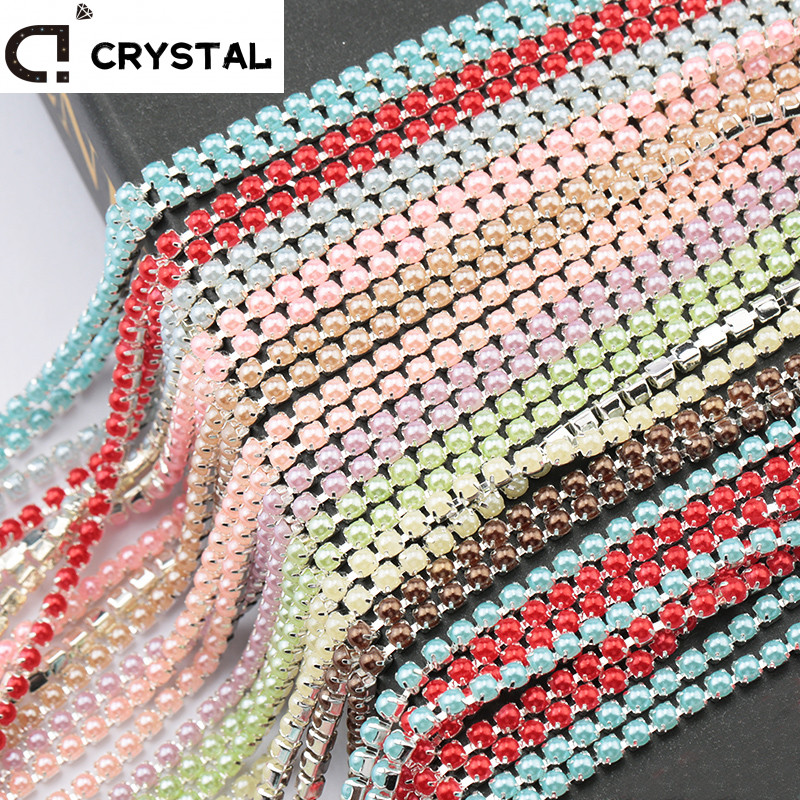 10yards ABS Pearl Chain SS6/8 ฐานเงินถ้วยสีสัน Pearl Chain เครื่องแต่งกายเย็บ Diy อุปกรณ์เสริมความงาม