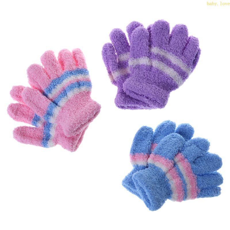 Blove * น่ารัก Warm Plush Stripe ถุงมือ Fluffy การ์ตูน Stripe ถุงมือ Full Finger Mittens ฤดูหนาวเรียงรายสําหรับเด็กวัยหัดเดิน