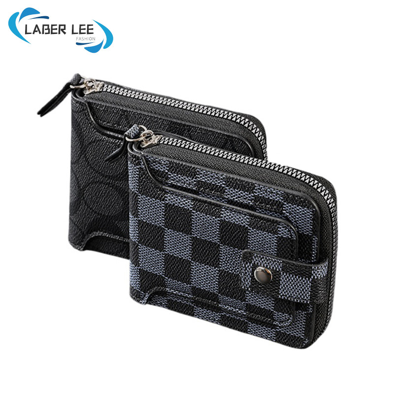 Laber LEE กระเป๋าสตางค์ผู้ชายลายสก๊อต PU หนังกระเป๋าสตางค์สั้น Casual Men Hasp Zipper Wallets