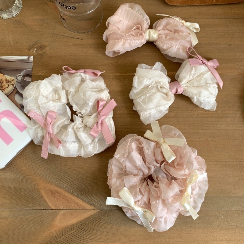 Lolita Lace กิ๊บติดผมสีชมพูผู้หญิงโบว์สีชมพูสไตล์เกาหลีน่ารักหวาน Scrunchies เครื่องประดับผม