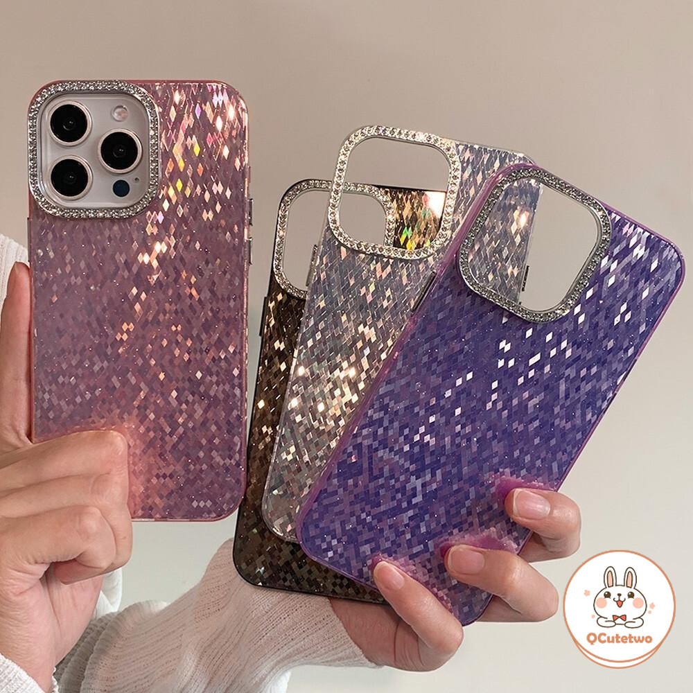 หรูหราเพชร-ชุดเลนส์กรอบเคสโทรศัพท์สําหรับ Iphone 11 15 14 13 12 Pro Max 14 15 Plus Glitter Rhombus Grid Anti-scratch Water Resistand Hard โทรศัพท์ปกหลัง