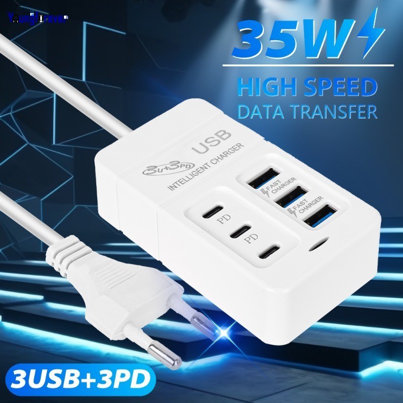 Multiports USB Type C Desktop Wall Charger Adapter - PD Quick Charging 6 พอร์ต USB Hub AC Power Adaptors ขยายซ็อกเก็ต Outlet