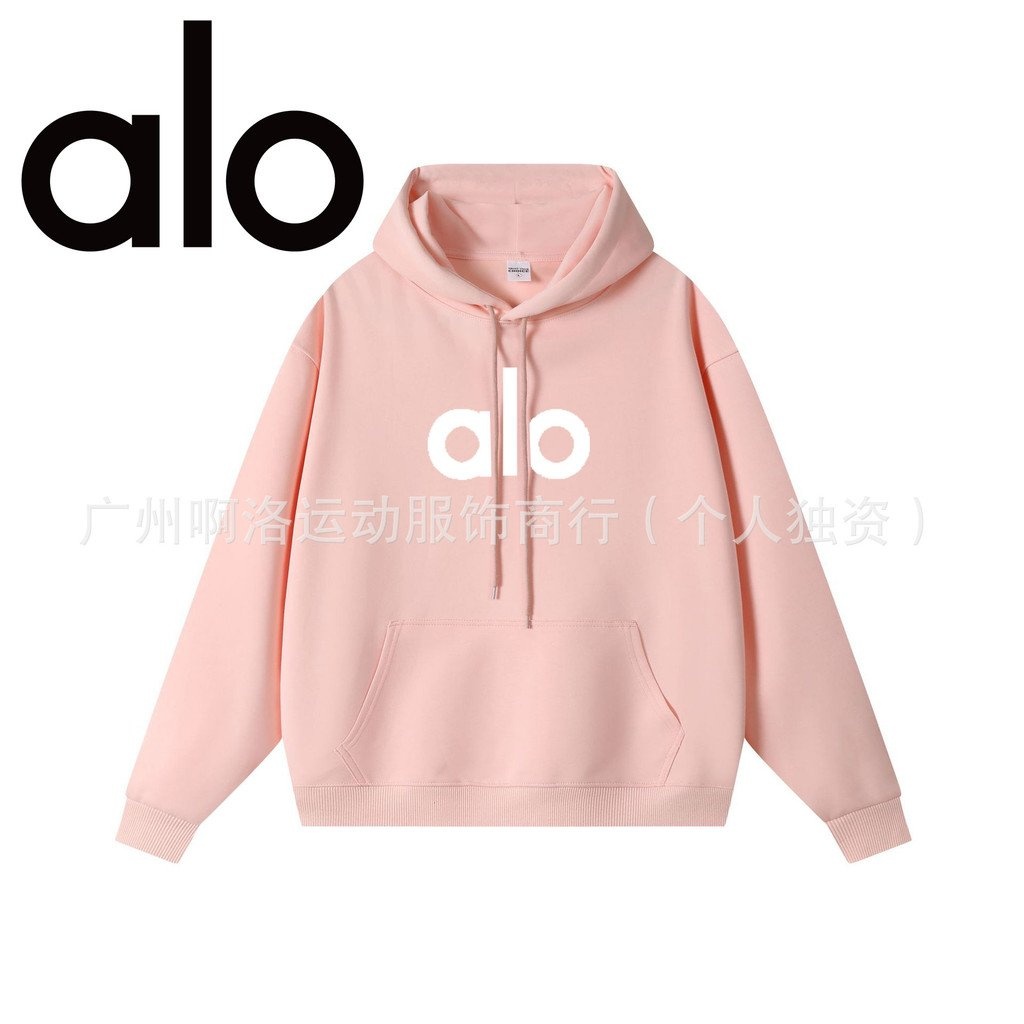 alo yoga   เสื้อสเวตเตอร์กีฬาสำหรับผู้ชายและผู้หญิงเสื้อสวมหัวหลวมมีกระเป๋าวิ่งชุดโยคะเสื้อมีฮู้ดไหล่ตก