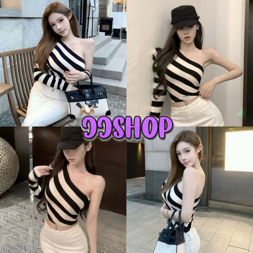 JJ Shop​ ​พร้อมส่ง เสื้อเปิดไหล่ แขนยาว ไหมพรม เกาหลีมาก ดีเทลลายทางสองสี "Y9818"