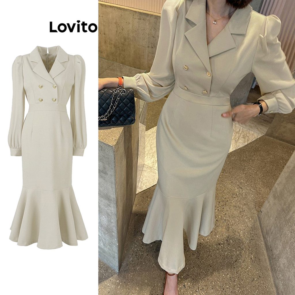Lovito ชุดเดรสกระดุมคู่ธรรมดาหรูหราสง่างามสำหรับผู้หญิง L105MD483