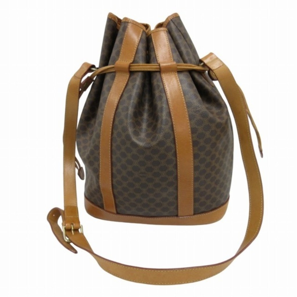 Celine Shoulder Bag Drawstring Leather Macadam Pattern Gold Hardware Direct from Japan Secondhand