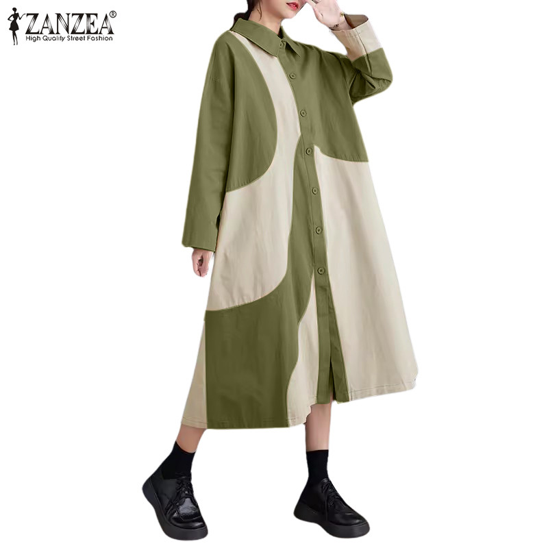 Zanzea ผู้หญิงเกาหลีลําลองพิมพ์สีปิดกั้น Patchwork Shirtdresses