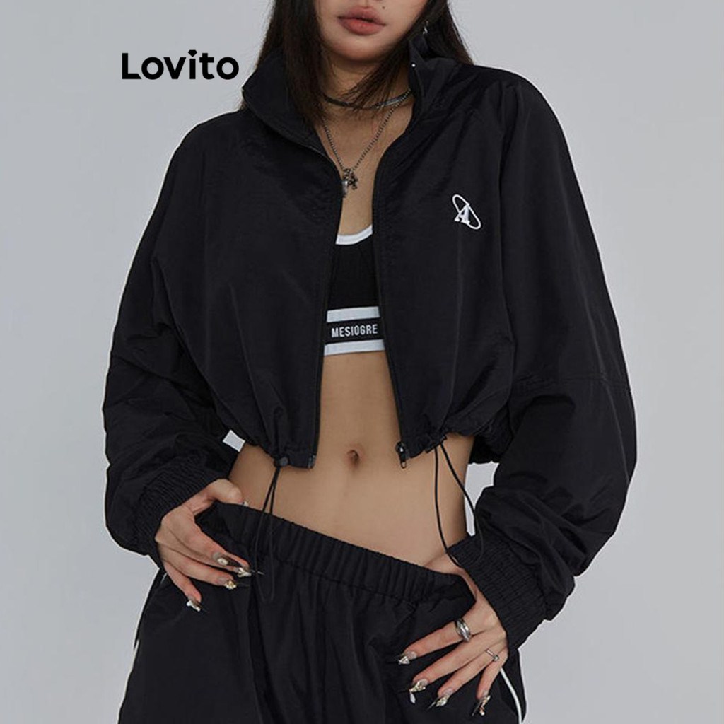 Lovito เสื้อแจ็คเก็ตผู้หญิง มีซิป สีพื้น สไตล์ลำลอง LNA71130