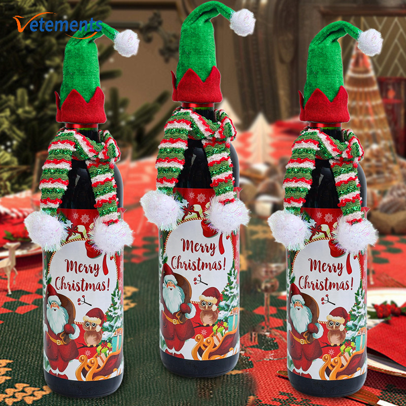 Diy Creative Wine Bottle ตกแต่ง Mini Xmas Hat Props - ขวดแชมเปญแต่งตัวคริสต์มาสผ้าพันคอหมวกวันหยุดรายการ