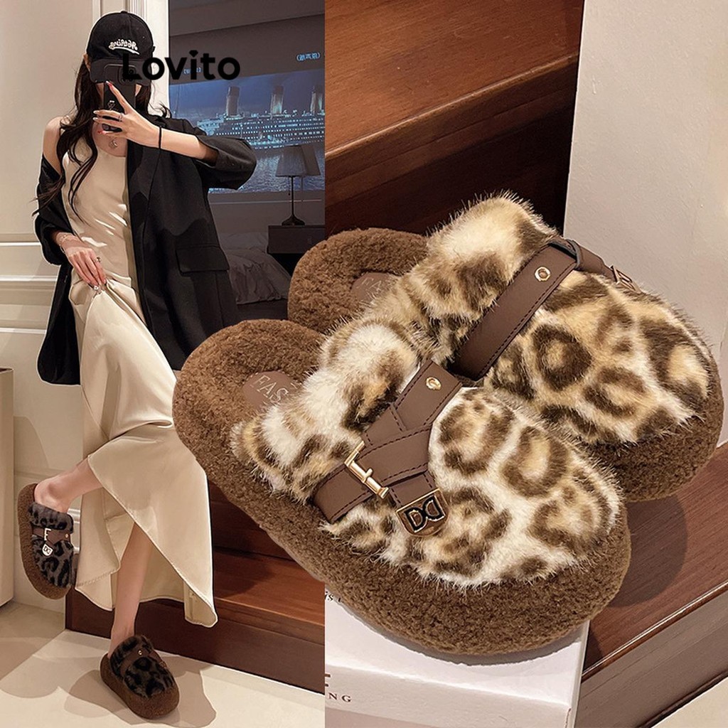Lovito รองเท้าแตะผ้าฝ้ายสไตล์ย้อนยุคสำหรับใส่ในบ้านพื้นหนาแบบลำลองฤดูใบไม้ร่วงและฤดูหนาว ลายเสือดาว รองเท้าขนสัตว์ รองเท้าแบบแมรี่เจนสำหรับผู้หญิง LFA53012