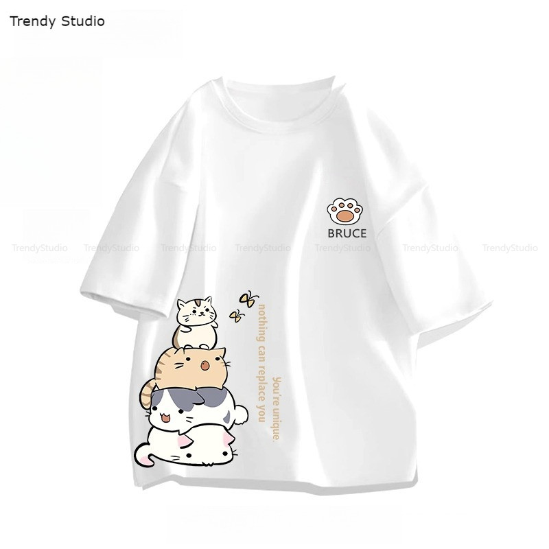 【COD】เสื้อยืด✨ลูกแมวการ์ตูนน่ารัก✨ทรงหลวม สวมใส่สบาย✨S-3XL เสื้อลายแมวเสื้อยืดแมว oversize 100%cotton T-shirt