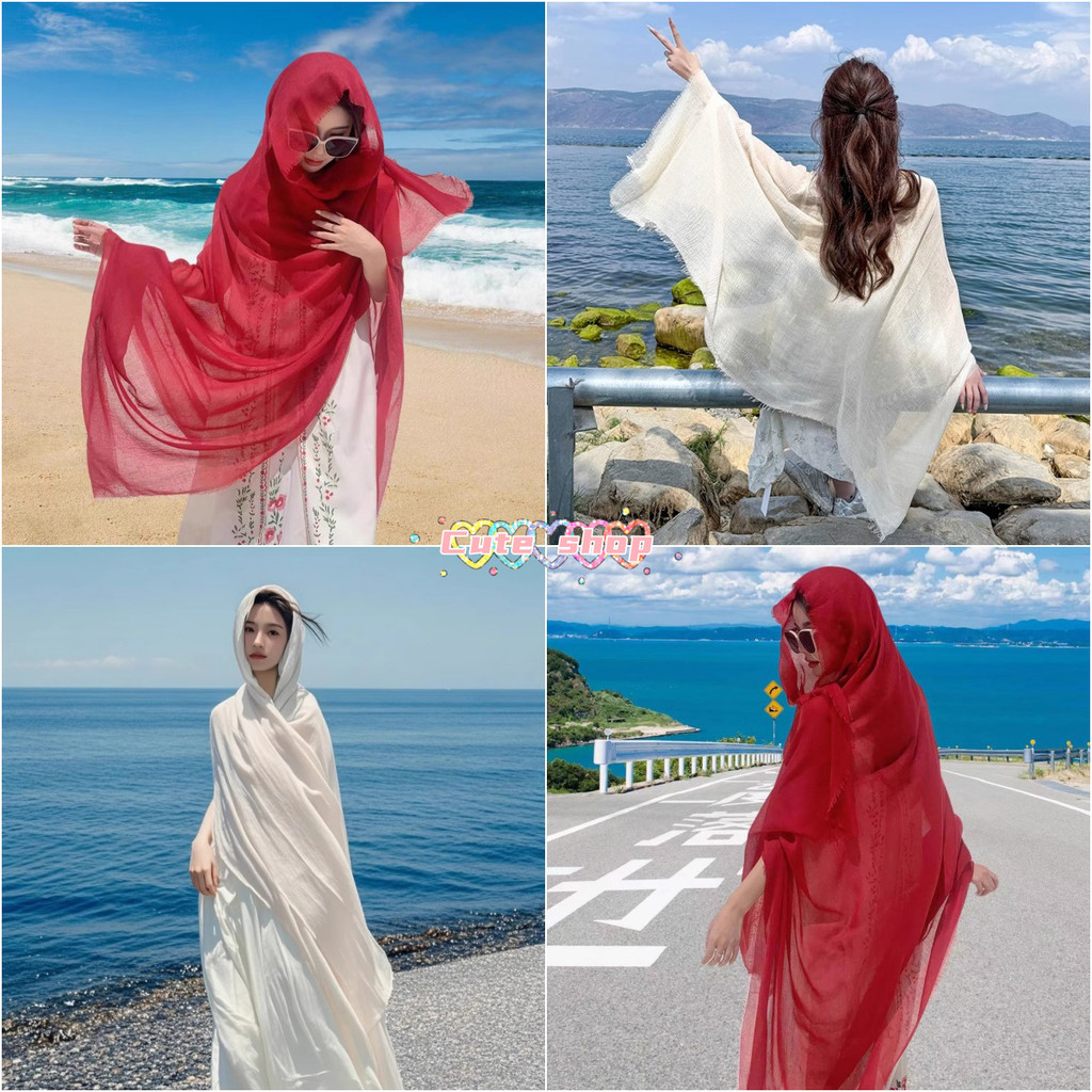 ผ้าพันคอ   วัสดุเส้นด้ายฝ้าย  นุ่มและบาง  มีหลายสี   120*180cm  กันแดดหน้าร้อน ริมทะเล ชายหาด