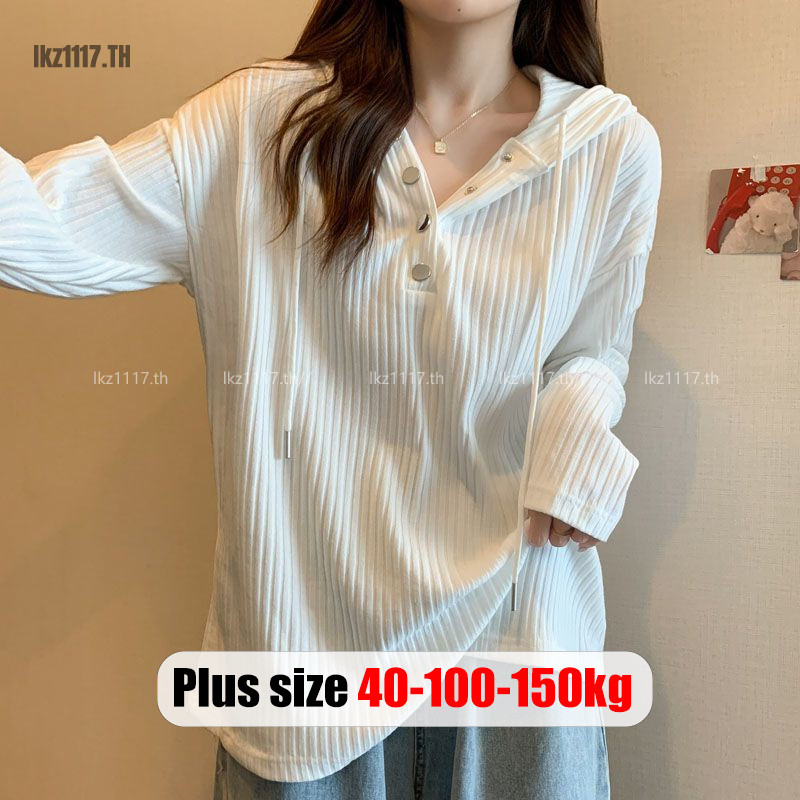 Plus Size✅เสื้อยืดผู้หญิงสาวอวบ ไซส์ใหญ่ เสื้อยืดโอเวอร์ไซส์ แขนยาว ทรงหลวม มีฮู้ด คอปก ฤดูใบไม้ผลิ เกาหลี สไตล์ลำลอง พลัสไซส์ สาวอวบอ้วน