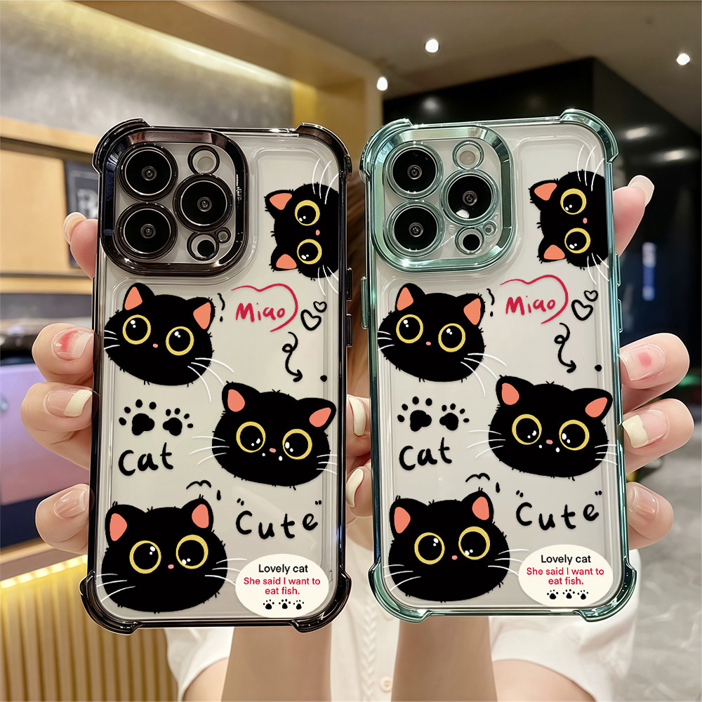 พร้อมส่ง เคสสำหรับไอโฟน14 แมวสีดำตาใหญ่น่ารัก เคสใสFor IPhone11 12 13 14 15 16 Pro PROMAX 7/8PLUS X XR XS สีมุมกันกระแทก