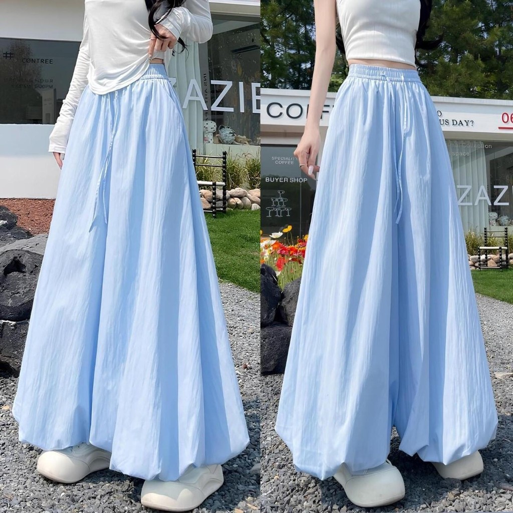 กางเกงขากว้างเอวสูงสไตล์เกาหลี กางเกงทรงกระโปรงพองๆน่ารักๆ สีพาสเทล เอวยางยืด ผ้าสองชั้นไม่บาง สวมใส่สบาย - รูปที่ 6