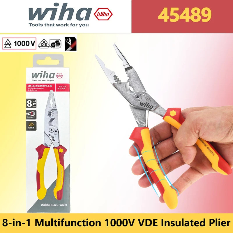 Wiha 45489 คีมช่างไฟฟ้ามัลติฟังก์ชั่น 8 in 1 คีมปอกสายไฟหุ้มฉนวน 1000V VDE