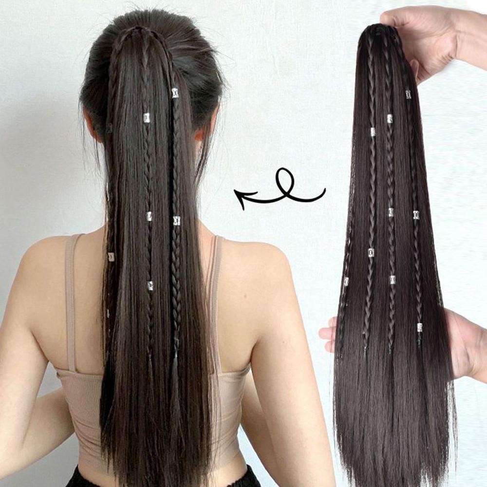 จัดส่งจากประเทศไทย 52 ซม วิกผมหางม้าตรงยาวพร้อมเปียเล็กๆ แบบกิ๊บติดผม