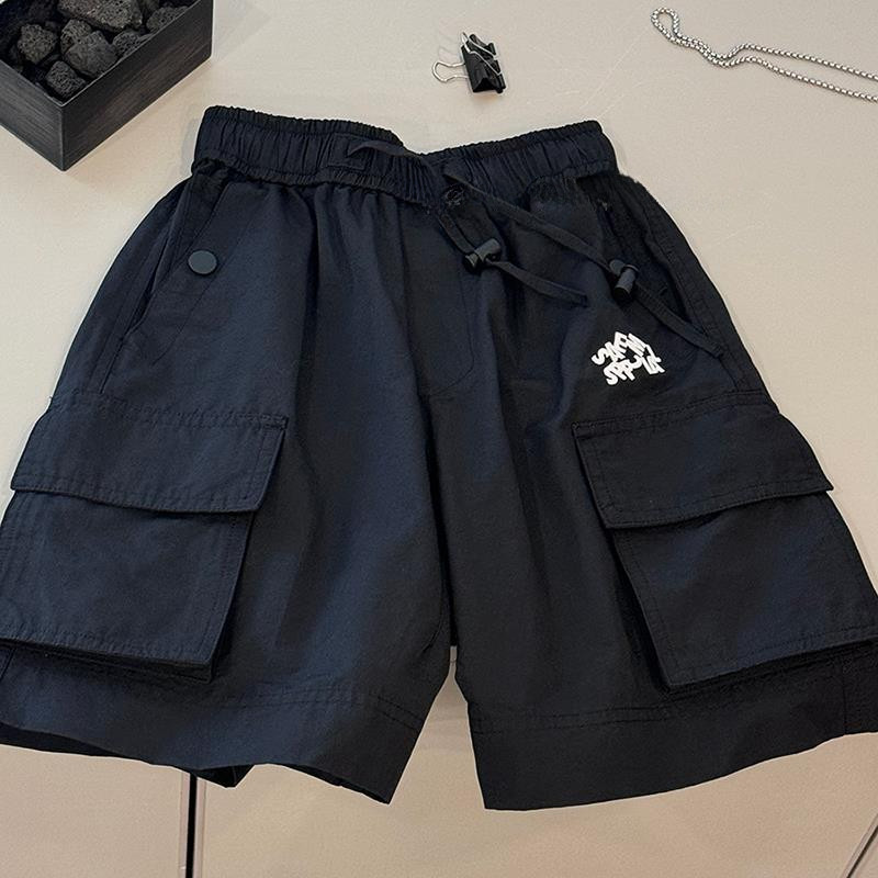 กางเกงขาสั้นสไตล์เกาหลีสำหรับเด็กชาย ขนาดพอดี มีเชือกรูดและเอวยางยืด สีดำ